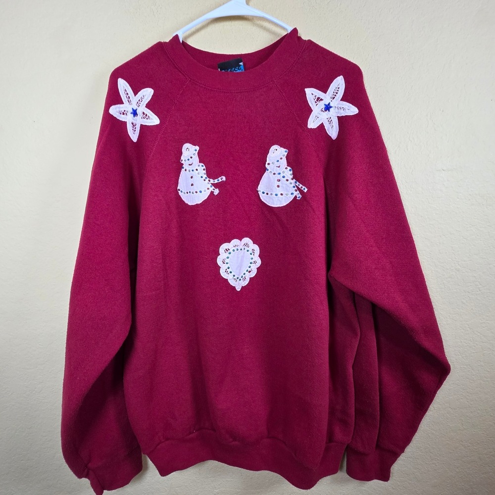 Vntg Snowman snowflake Applique Sweatshirt rhinestones‎ Ugly Christmas Sweater L